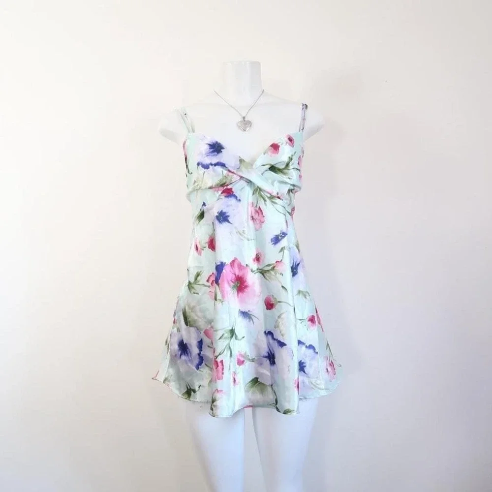 y2k BABYDOLL mint floral silky slip dress - Picture 6 of 6